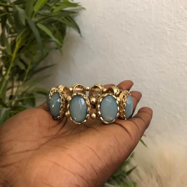 Gold tone Faux Turquoise Gemstone Blue Beaded Stretch Bracelet Bangle. Great for Layering #Boho #western #indie #hippie #cottagecore - Image 2