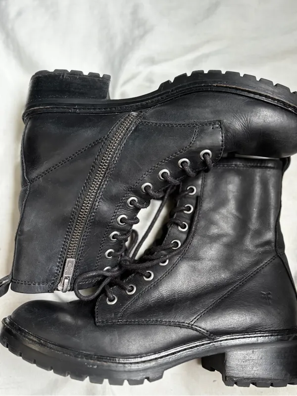 Frye Tyler Double Zip Leather Combat Boots Black Lace Up Cap Toe Lug Sole Sz 7 - Image 5