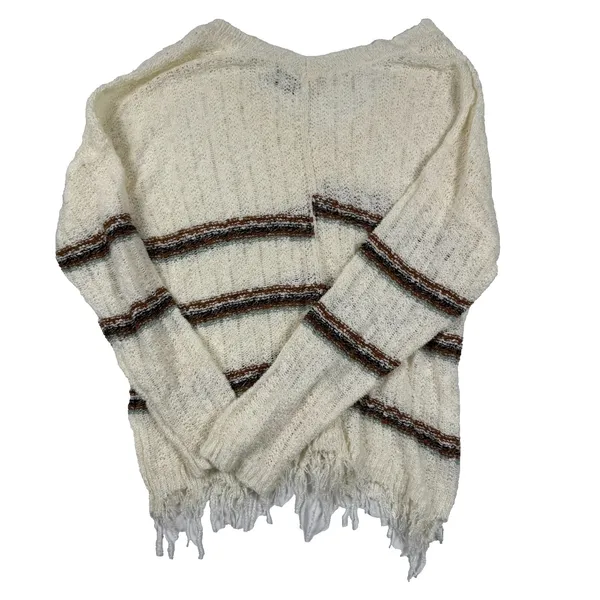 Daytrip Boho Fringe Sweater Cream Striped Distressed‎ Hem Knit Top M/L - Image 4
