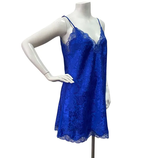 Victoria's Secret Gold Label Women Small Blue Floral Lace Trim Slip Dress - Image 3