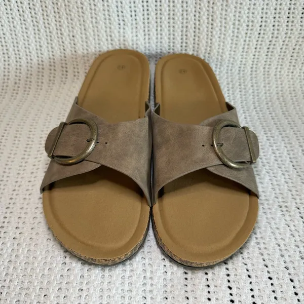 New. Women’s Cork Footbed Slide Sandals with Buckle – Taupe size 10 - Image 5