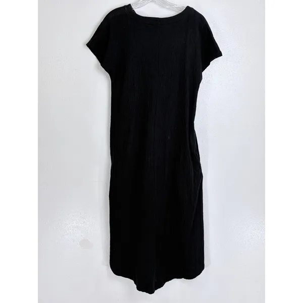 Minimalist Black Cotton Gauze V-Neck Midi Dress Lands' End Pockets S - Image 2