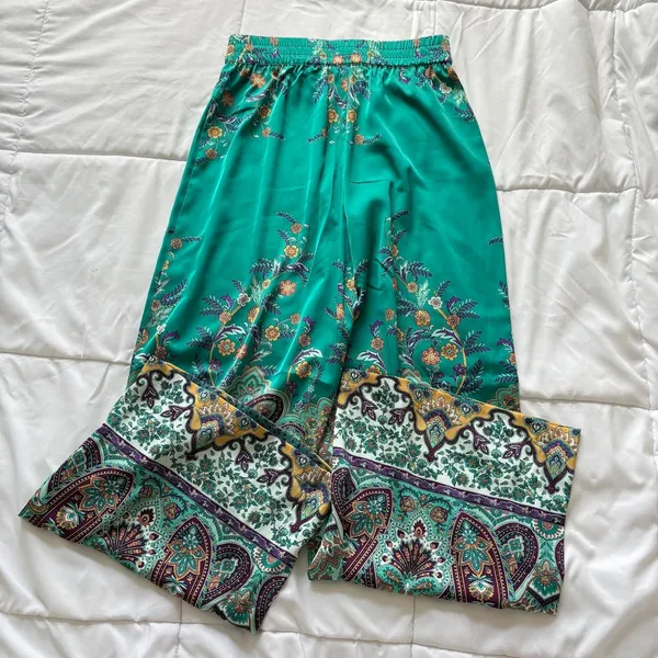 Rachel Zoe Womens XS Green Paisley Floral Satin‎ Wide Leg Boho Relaxed Pants - Image 7
