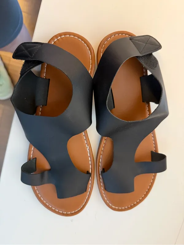 Black Leather Slide Sandals with Tan Footbed - Women - Image 3