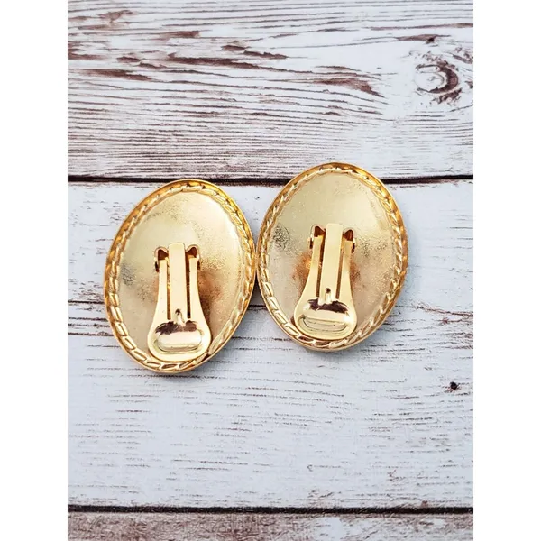 Vintage Clip On Earrings - Large Oval Cream with Black Flowers - Image 6