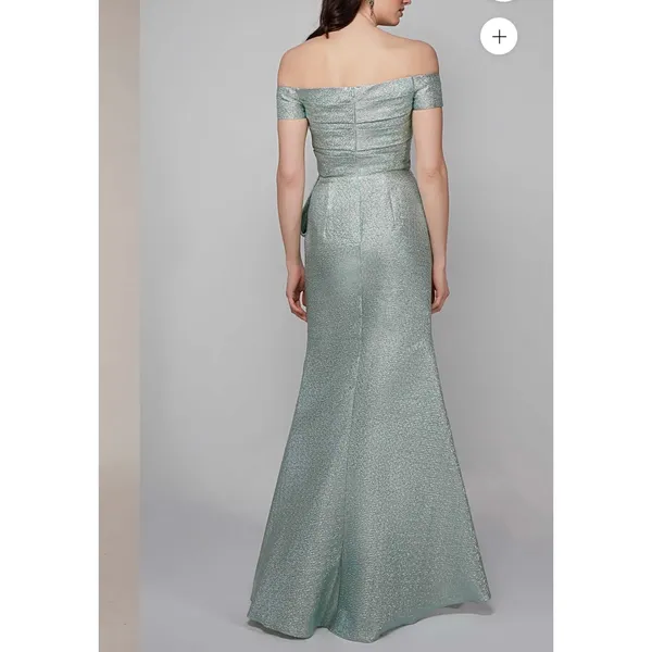 Alyce Paris Gold‎ Metallic Off Shoulder Evening Gown Formal Dress Side Bow Slit - Image 4