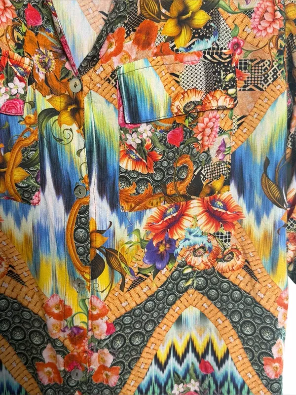 Brazilian 100% Viscose Mixed Print Boho Art Blouse Floral Eclectic L Dopamine - Image 6