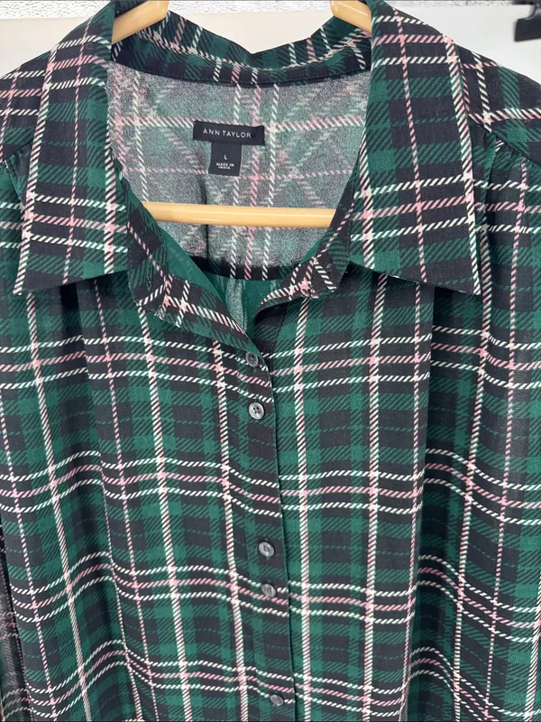 Ann Taylor sheer button front plaid puff sleeve top L professional office casual - Image 7