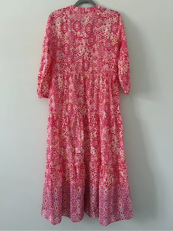 Zara Pink Red Ikat Geometric Print 3/4 Sleeve Tiered Skirt Boho Maxi Dress NWOT - Image 5