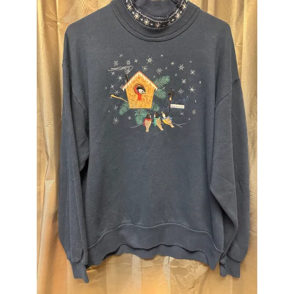 VTG Top Stitch 90s Blue Snow Birdhouse Sweatshirt Large Double Collar USA Made - Image 2