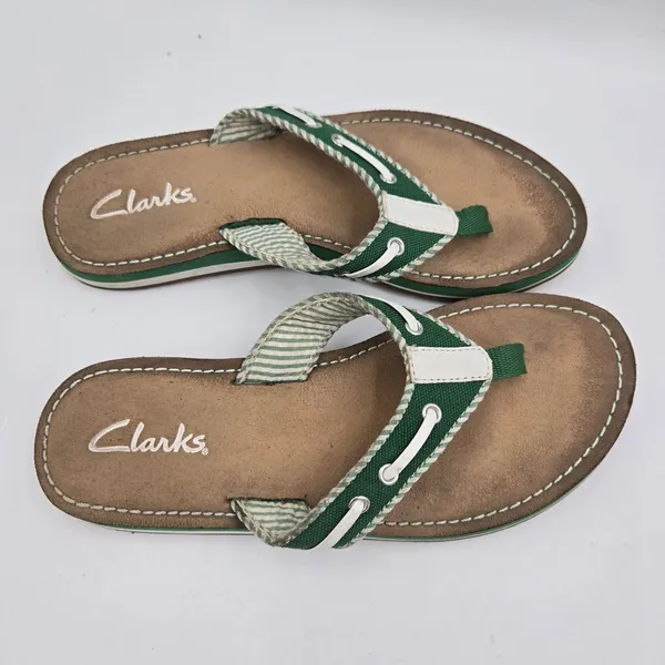 Clarks Sandals Womens 5 M Flo Cherrymore Slip On Thong Flip Flops Green White - Image 4