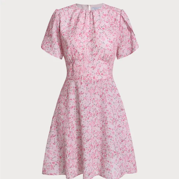 Rihoas Pink Floral Round Neck Pleated Mini Dress - Image 5