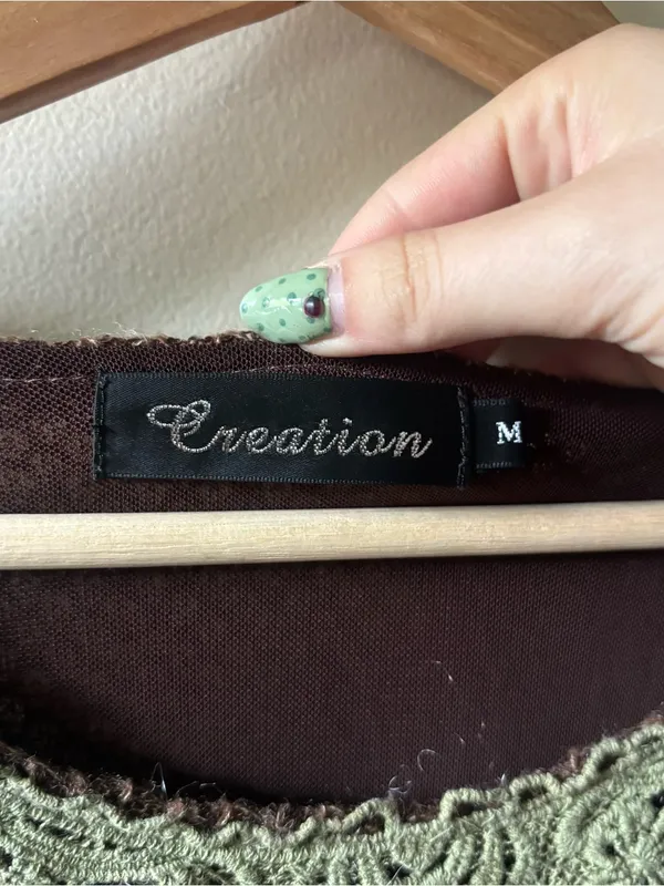 Creation Brown Knit Sweater with Olive Lace Trim - Image 2