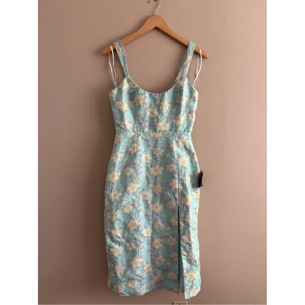 Lulus Immaculate Chicness Mint Blue Floral Brocade Midi Dress Size Small NWT - Image 4