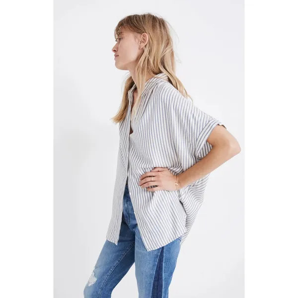 Madewell Central Shirt Dalton Stripe Blue Shirred Button Down Short Sleeve M - Image 2