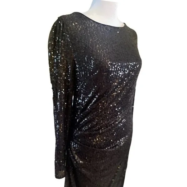 Nanette‎ Lepore Sequin Dress Womens 8 Black NEW Long Sleeve Ruched Midi Sheath - Image 9