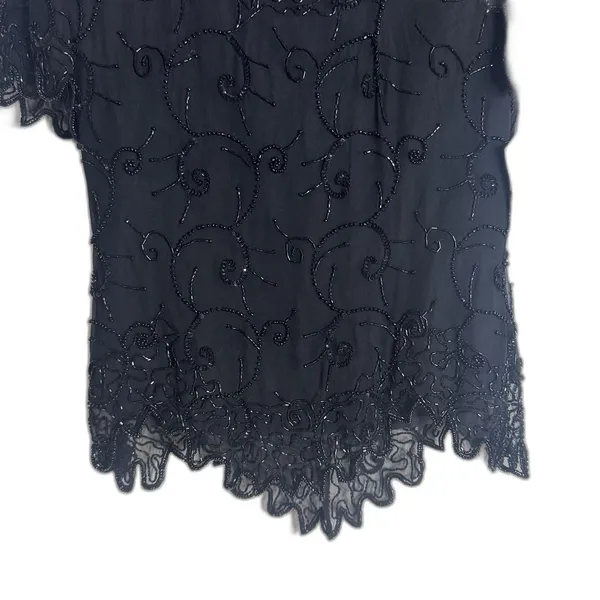 Laurence Kazar Beaded Silk Blouse Womens Small Black Short Sleeve Evening Top - Image 3