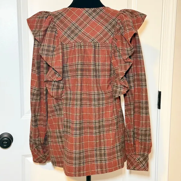 Entro Rust Plaid Wool Blend Ruffle Shoulder Top Large Boho Fall Contemporary - Image 4
