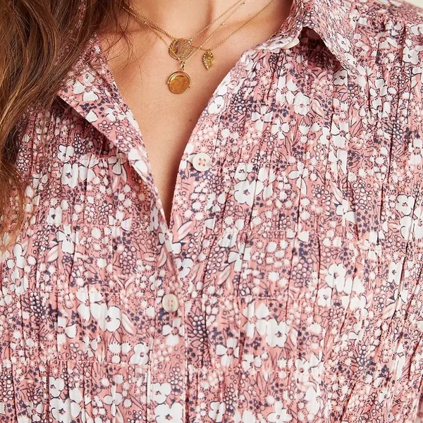 Pilcro Anthropologie Sasha Smocked Boyfriend Blouse Women's‎ XS Pink Boho Hippie - Image 4