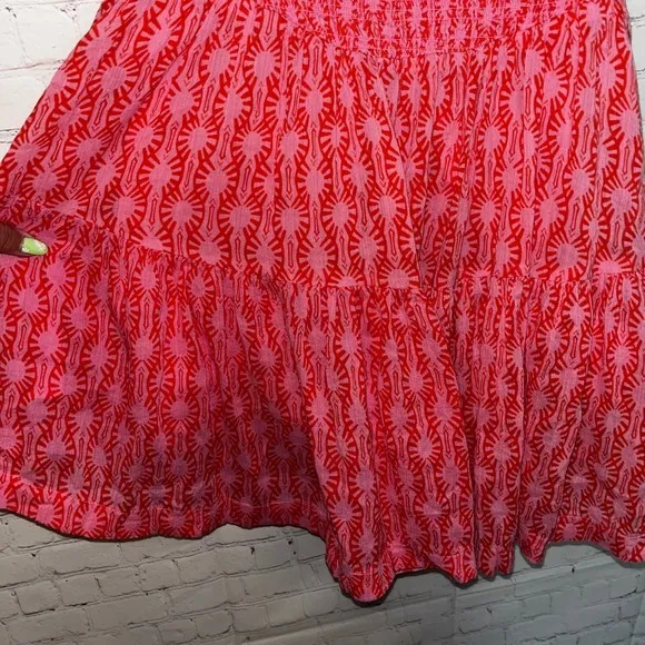 Free People Sweet Annie Smocked Mini Dress Pink Red Geometric Tiered‎ Ruffle Med - Image 4