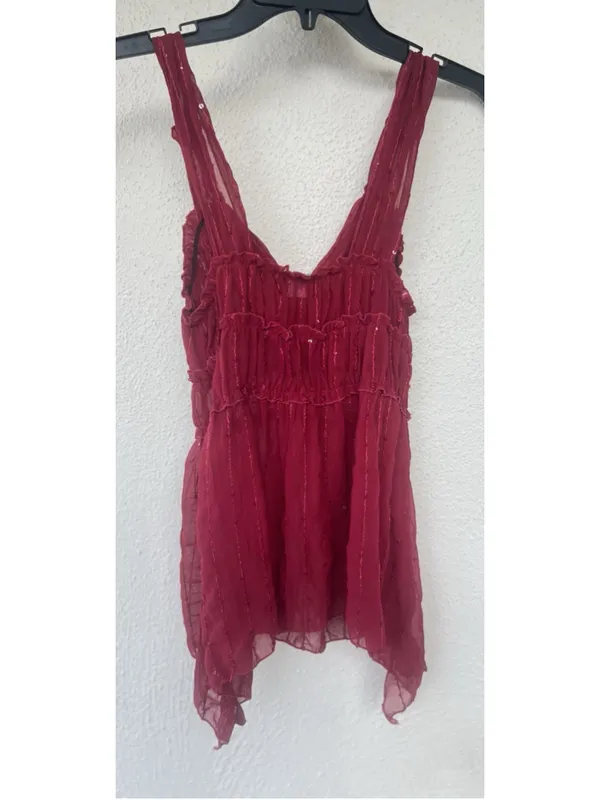 VTG Y2K Rave Sheer Sequin Embellished Handkerchief Babydoll Top 2XS Red USA Club - Image 2