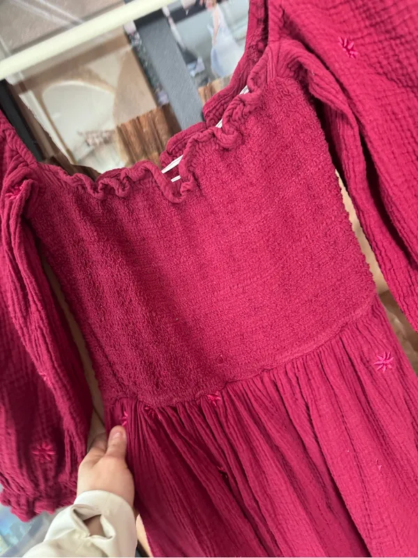 Amazon Dahlia maroon Smocked midi dress maxi square neck tiered daisy embroidered wine - Image 6