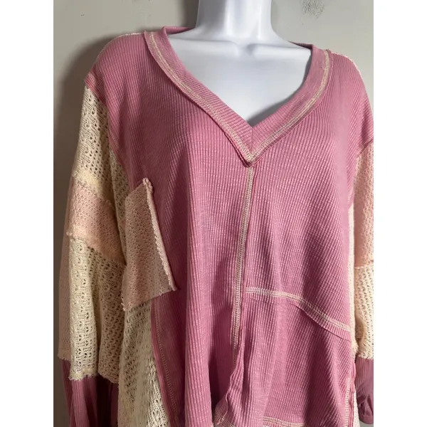 POL Womens‎ Pink Patchwork Waffle Knit Crochet Lace V-Neck Oversized Top Medium - Image 3