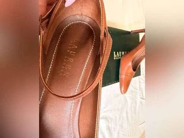 Lauren Ralph Lauren Belinda Cognac Brown Leather Mary Jane Heels Size 8.5 B - Image 6