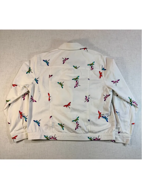 Coldwater Creek White Cotton Trucker Jacket Embroidered Dragonflies Size L - Image 5