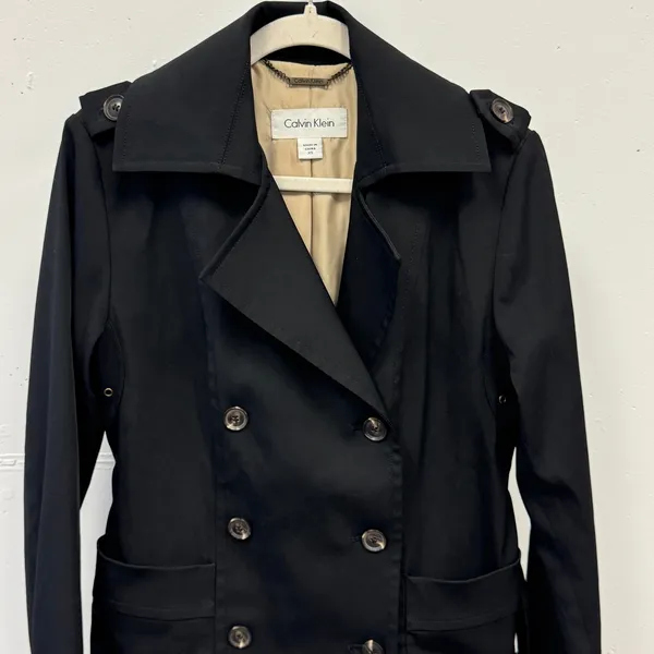 Calvin Klein Black Double Breasted Belted‎ Trench Coat Jacket XS Epaulettes - Image 5