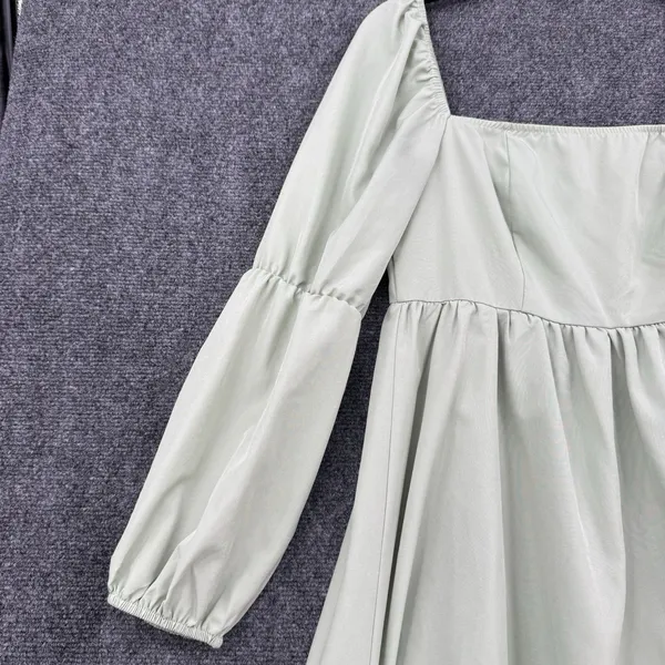 EXLURA Dress Sage Green Puff Sleeve Square Neck Smocked Back Mini Cottagecore M - Image 5