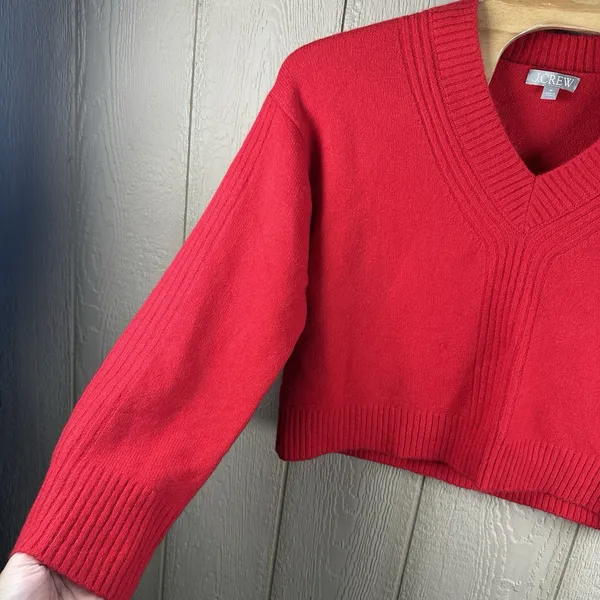 J.Crew V-neck Sweater Womens Medium Red Relaxed Alpaca Wool Blend CE717 - Image 3