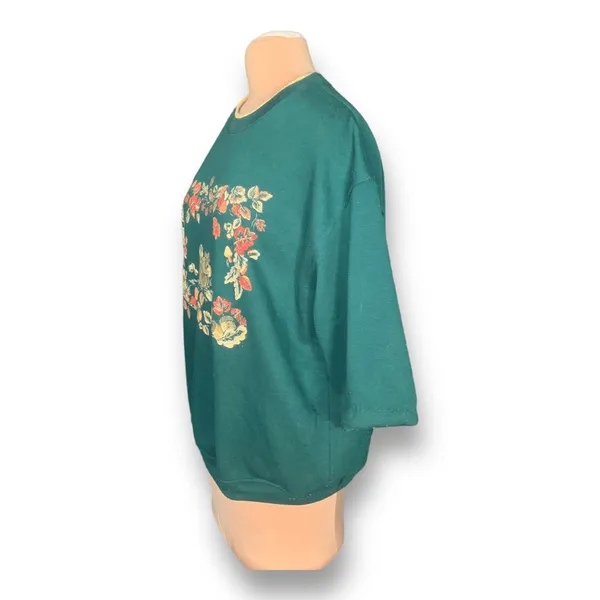 Vintage Basic Editions‎ Sweatshirt Green Fall Leaves Squirrel Drop Shoulder OOAK Size M - Image 3