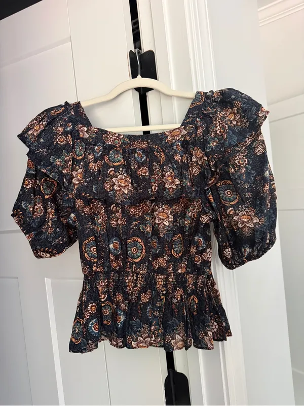 Ulla Johnson Warner Square Neck Ruffle Peplum Cotton Blouse Navy - Image 5