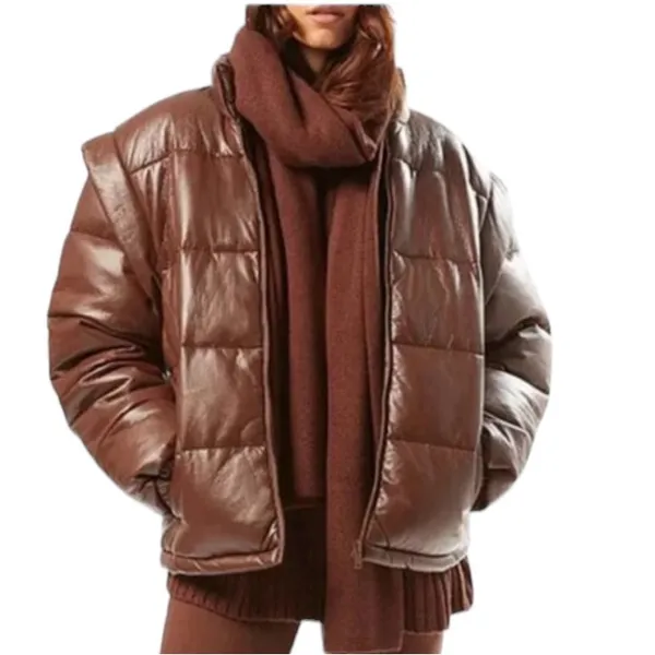 NWT We Wore What Snap-Off Sleeve Faux Leather Puffer Jacket Chocolate Brown XS - Image 4