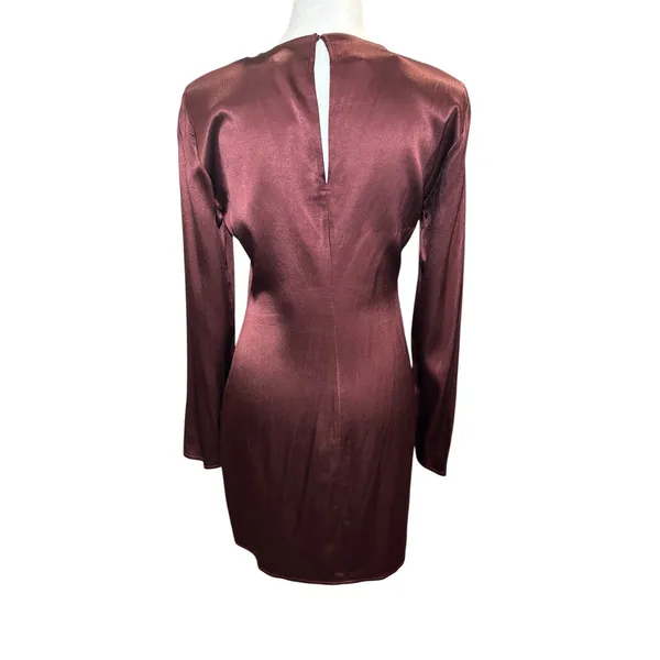 Zara Brown Satin Mini Dress Size M‎ Long Sleeve Keyhole Back Chocolate Burgundy - Image 6