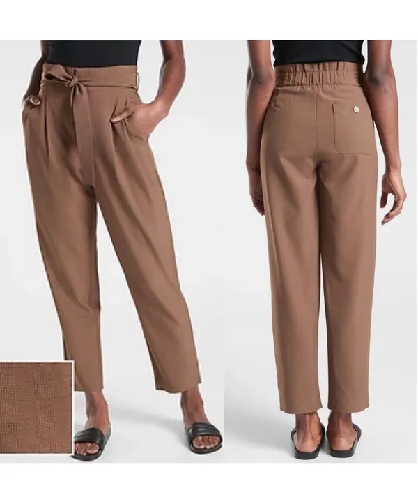 Athleta Skyline Plaid Pants Size 2 Brown Paperbag Tie Casual Lightweight - Image 2