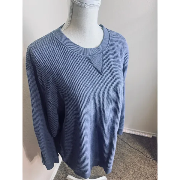 Aerie Oversized Waffle Knit Crewneck Sweatshirt Blue Gray sz M thermal - Image 2