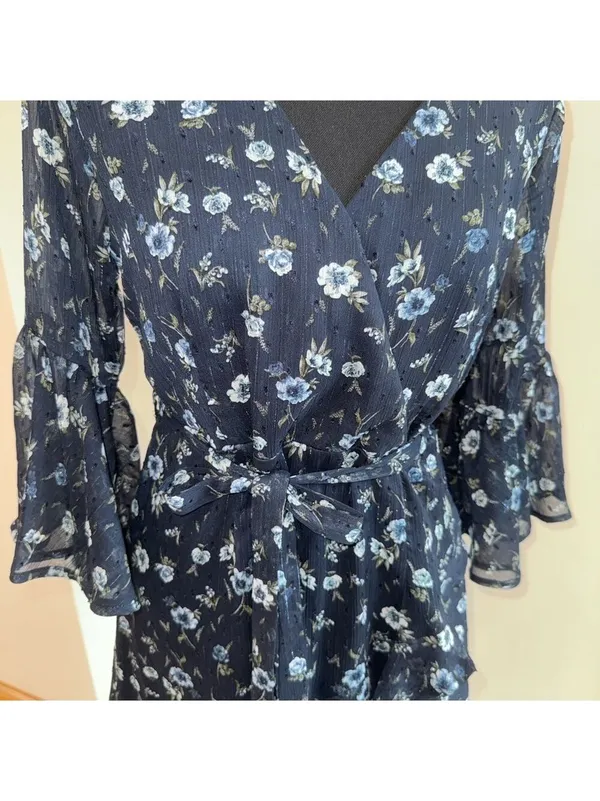 Altar’d State Women's Blue Floral Metallic Stripe Mini Ruffle Dress Size Medium - Image 2