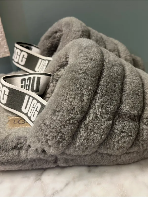 UGG Plush Quilted Gray Fluff Slide with Branded Strap - Image 2