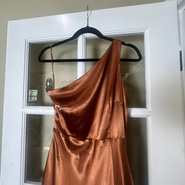 BIRDY GREY Kira copper satin 1 shoulder bridesmaid bridal maxi dress NWOT Medium - Image 3