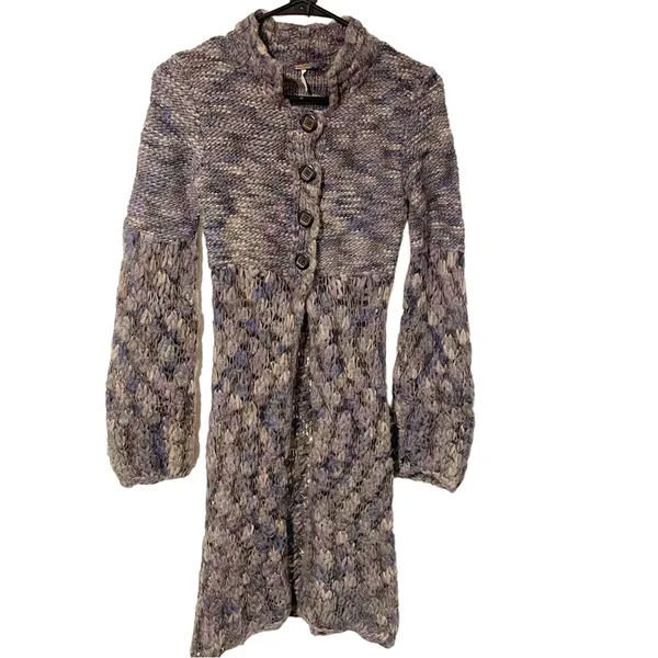 Free People Size XS‎ Purple Open Knit Half Button Wool Blend Cardigan Sweater - Image 2