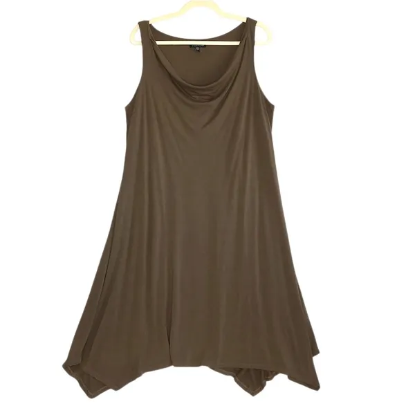 EILEEN FISHER Cowl Neck Jersey Knit Midi Dress Sz L Brown Coastal Relax Made USA - Image 3