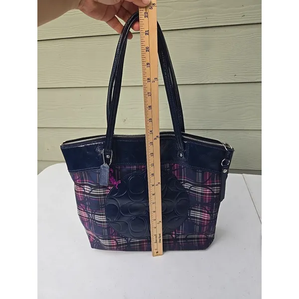 COACH poppy tartan signature tote bag blue/purple F-20109 - Image 8