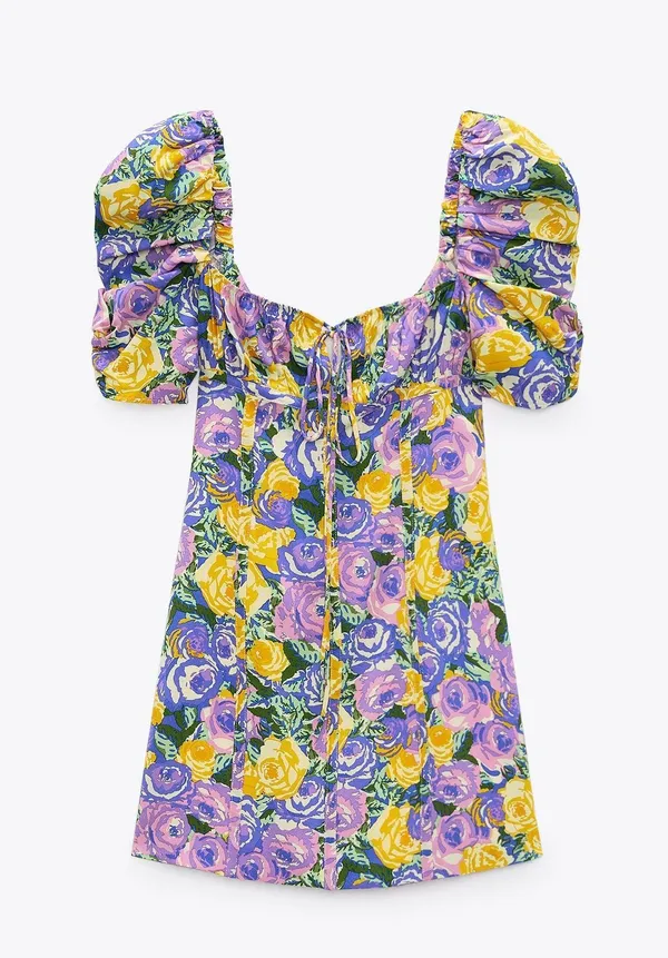 ZARA Floral Boho Summer Mini Dress Puff Sleeve - Image 2