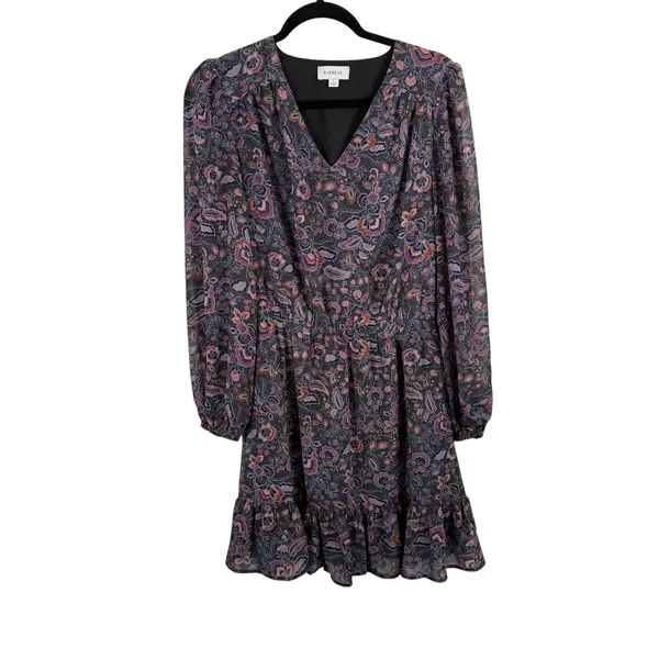 Evereve Olympia Black Purple Floral Dress Long Sleeve Ruffle Boho Womens Small - Image 2