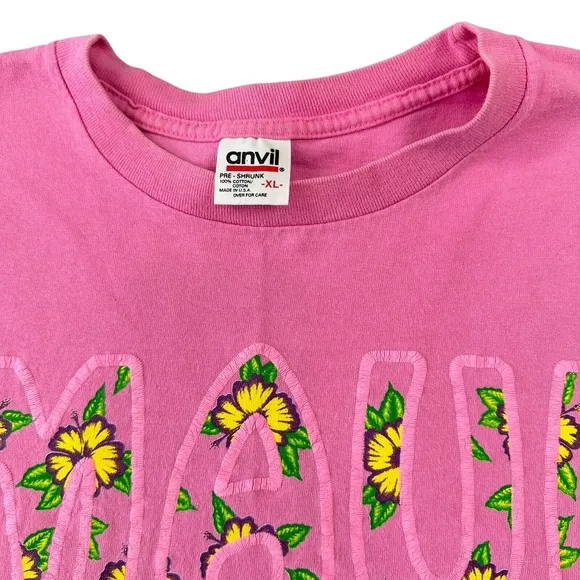 Vintage 90s Anvil Maui Hawaii T Shirt Pink Single Stitch Floral‎ Graphic XL USA - Image 4