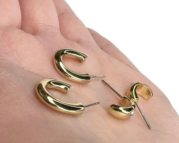 Shiny Gold Tone Huggie Hoops Rhinestone Pierced Earrings Set - Image 8