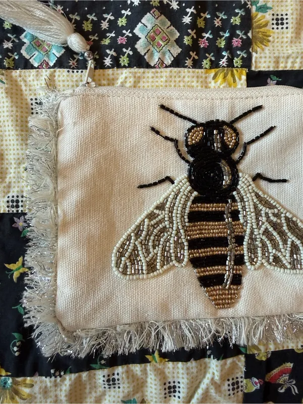 Beaded Bee Clutch in Cream and Black - Image 2