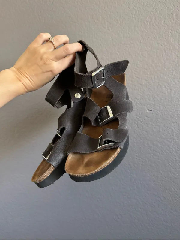 Birkenstock Papillio Linea Gladiator Sandals Wedge Strap Sz 7 Gray - Image 4